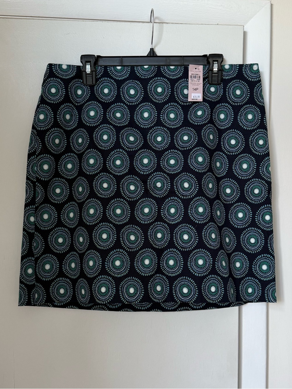 Ann Taylor Black Mini Skirt with Teal Circular Print